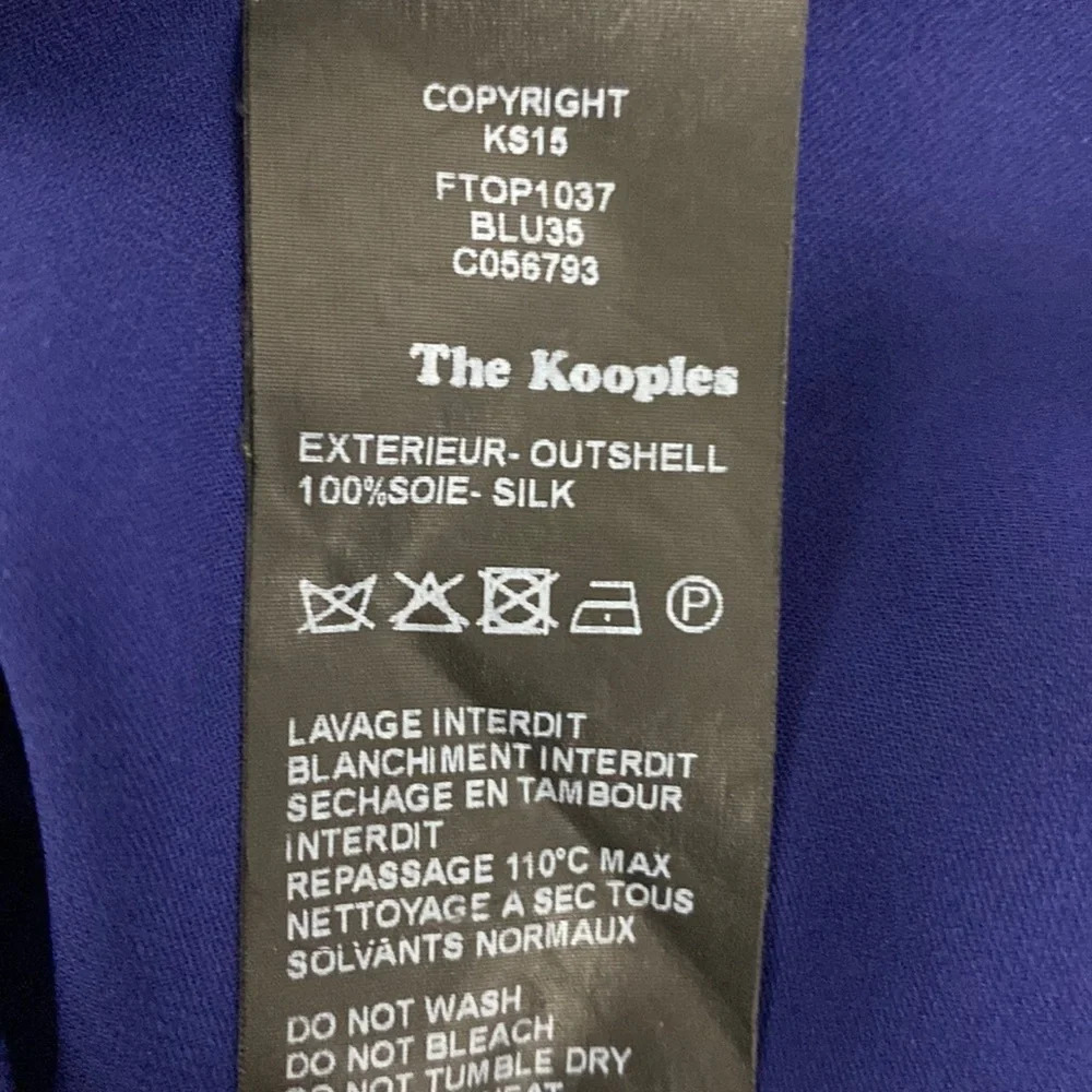 The Kooples Blue 100% Silk Preppy V-Neck Short Sleeve Coastal Blouse Size M - Picture 9 of 9